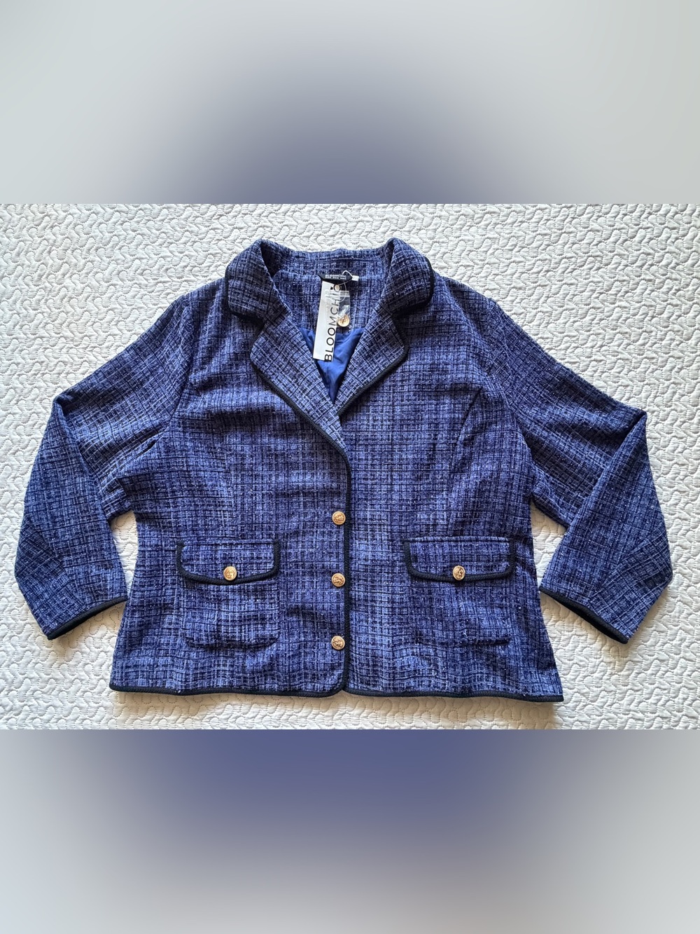 BloomChic Women’s Plus Size 22-24 Blue Tweed Gold Button Blazer Jacket NWT